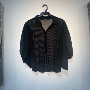 Black Boxy Blouse with Bishop Sleeves and Mandarin‎ Collar